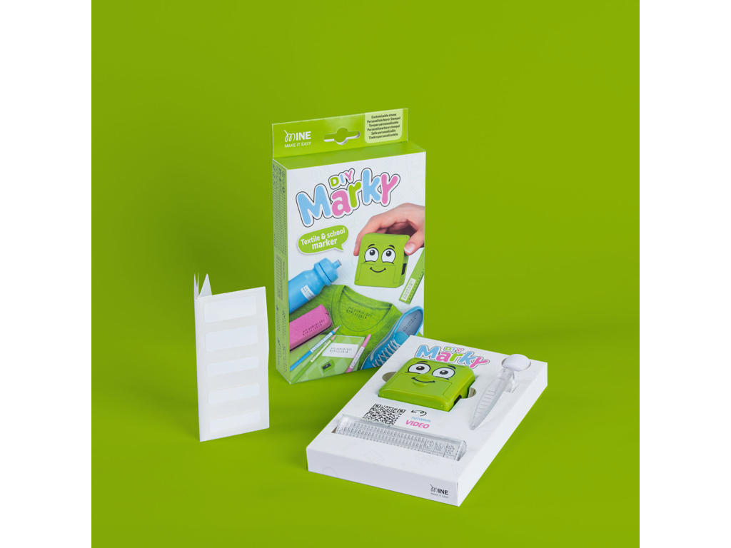 Tøjstempel Marky Grøn DIY stempel med sort pude samt skriftsæt med alfabetet og sjove piktogrammer. 