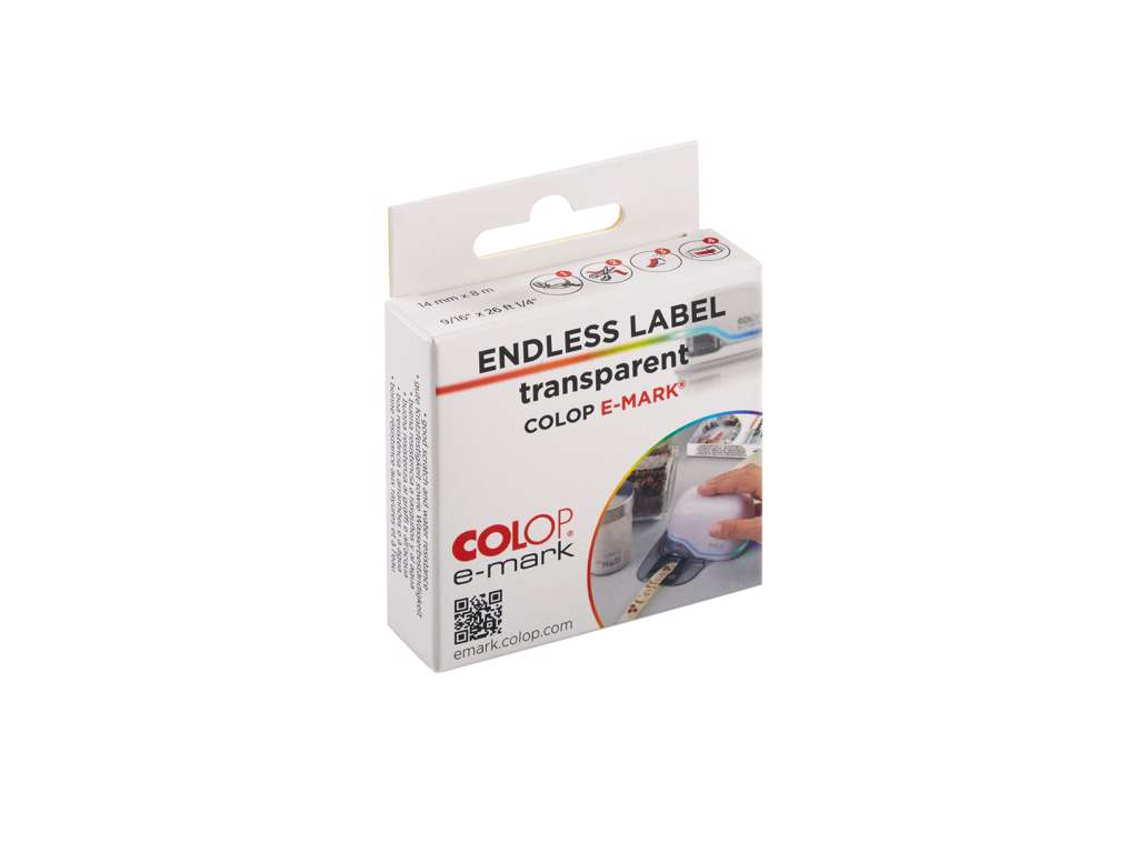 Transparent labelstrimmel 8m lang 14mm til E-mark