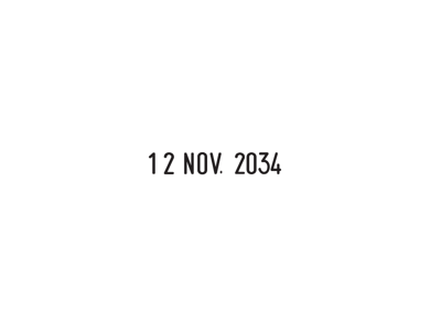 Datostempel med 5 mm høje dato med dag, måneden i bogstaver. Størrelse på aftryk 4mm 30 mm langt  01.nov.2030